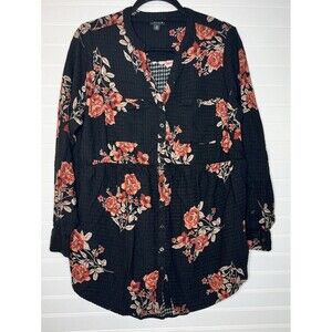 Torrid Tunic Shirt Black Floral Baby Doll Bohemian Button Up Long Sleeve Size 0